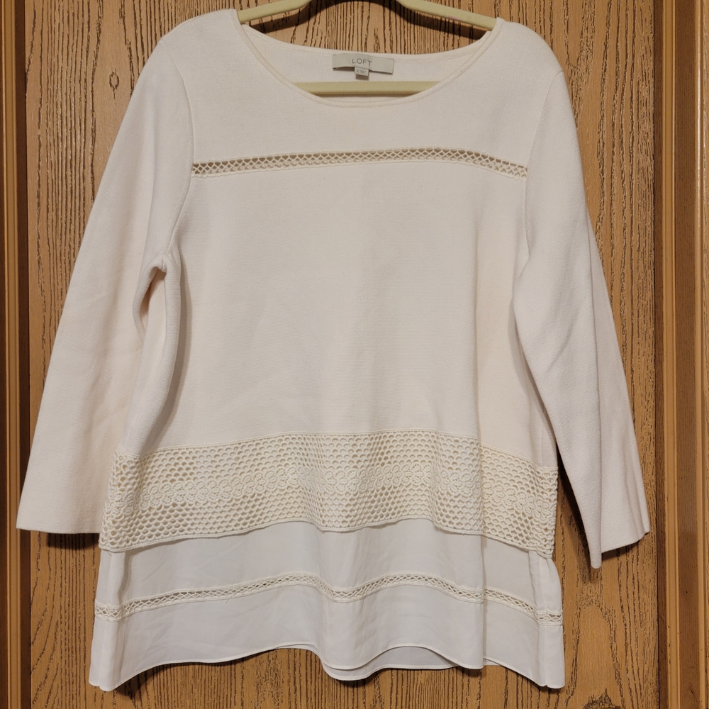 LOFT Ivory Long Sleeve Top with Lace Details